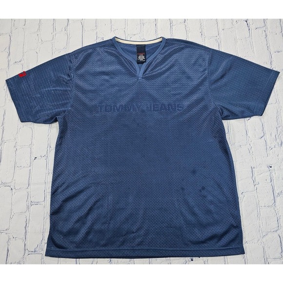 Vintage Tommy Hilfiger Tommy Jeans Blue Mesh Shirt Jersey Retro 90s MENS SZ L - Picture 2 of 10